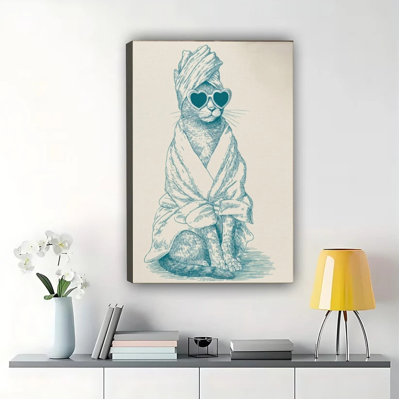 Spa Cat in Robe – Whimsical Cat Self-Care Wall Art on Natural Wood Canvas
