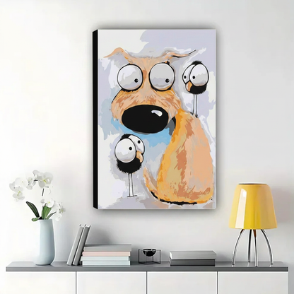 Big-Eyed Dog & Two Funny Birds Wall Art – Whimsical Cartoon Canvas Print on Natural Wood Frame