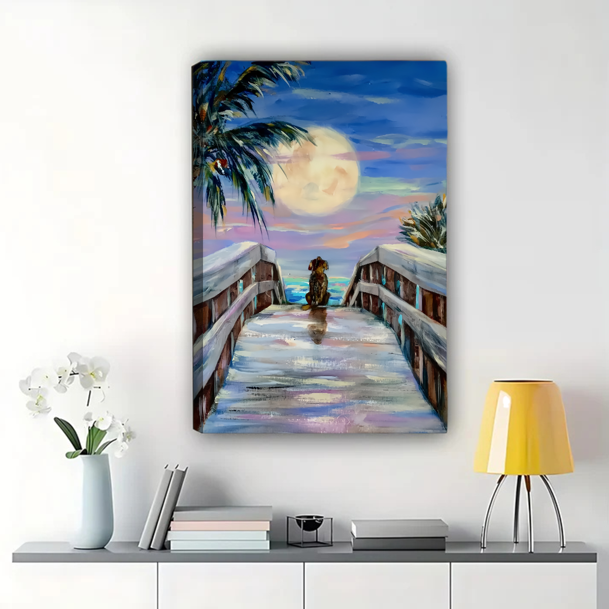 Dog Watching Moon Beach Wall Art - Tropical Sunset Print