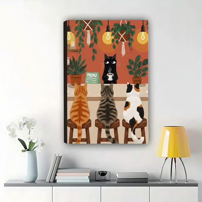Cats at the Coffee Bar Wall Art – Cozy Boho Illustration Canvas Print on Natural Wood Frame