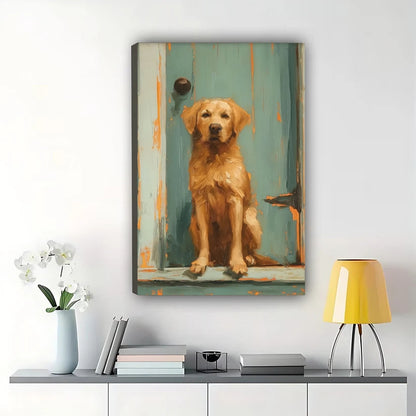 Golden Retriever at Blue Door – Rustic Oil Painting Style Dog Wall Art on Natural Wood Canvas