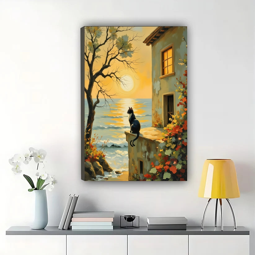 Black Black Cat at Sunset Coast – Serene Coastal Landscape Wall Art on Natural Wood Canvas