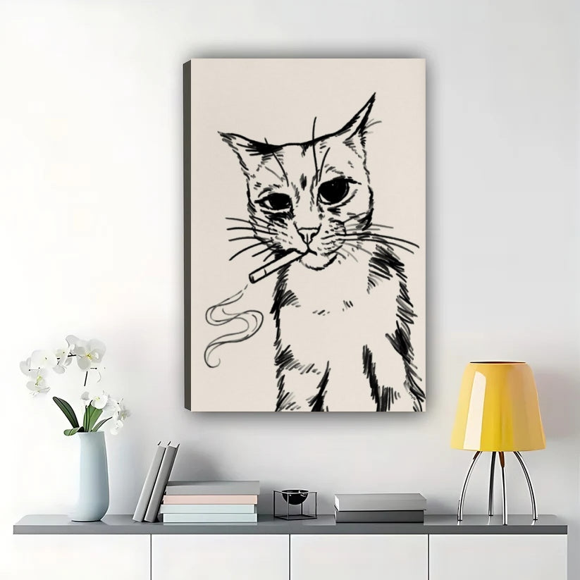 Black Cat with Yarn Minimalist Line Art – Playful Pet Wall Art on Natural Wood Canvas