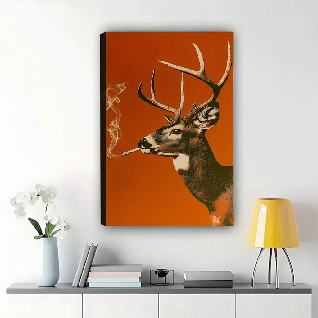 Smoking Stag Wall Art – Bold Retro Pop Art Canvas Print on Natural Wood Frame