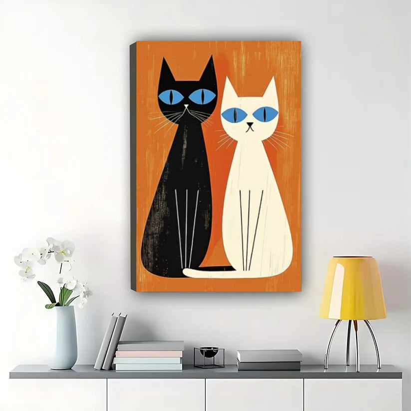 Minimalist Black & White Cats on Orange Geometric Background – Modern Pet Wall Art on Natural Wood Canvas