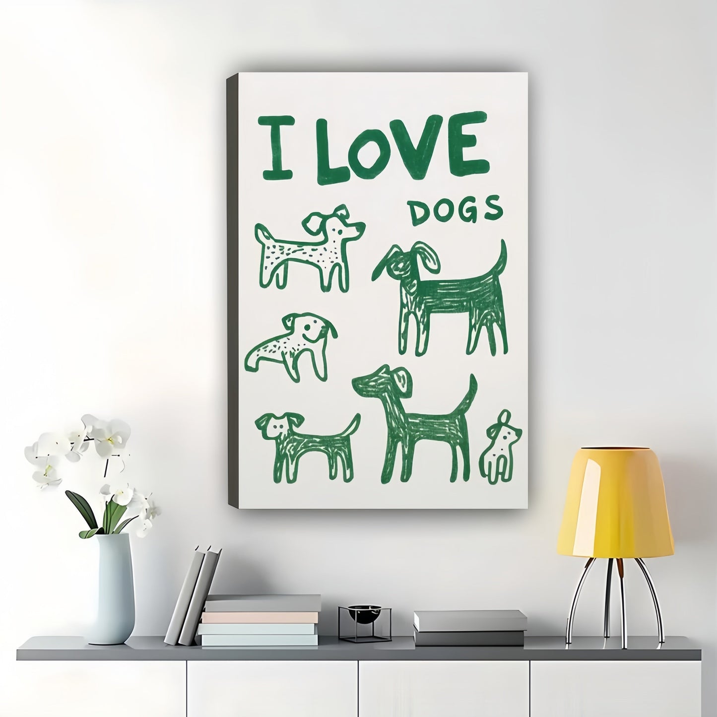 I Love Dogs Retro Dog Silhouettes – Whimsical Dog Wall Art on Natural Wood Canvas