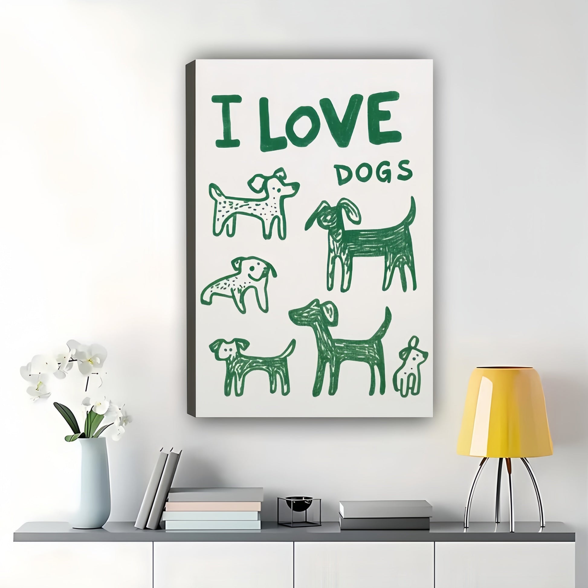I Love Dogs Retro Dog Silhouettes – Whimsical Dog Wall Art on Natural Wood Canvas
