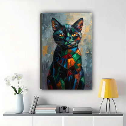 Colorful Abstract Black Cat – Modern Artistic Wall Art on Natural Wood Canvas