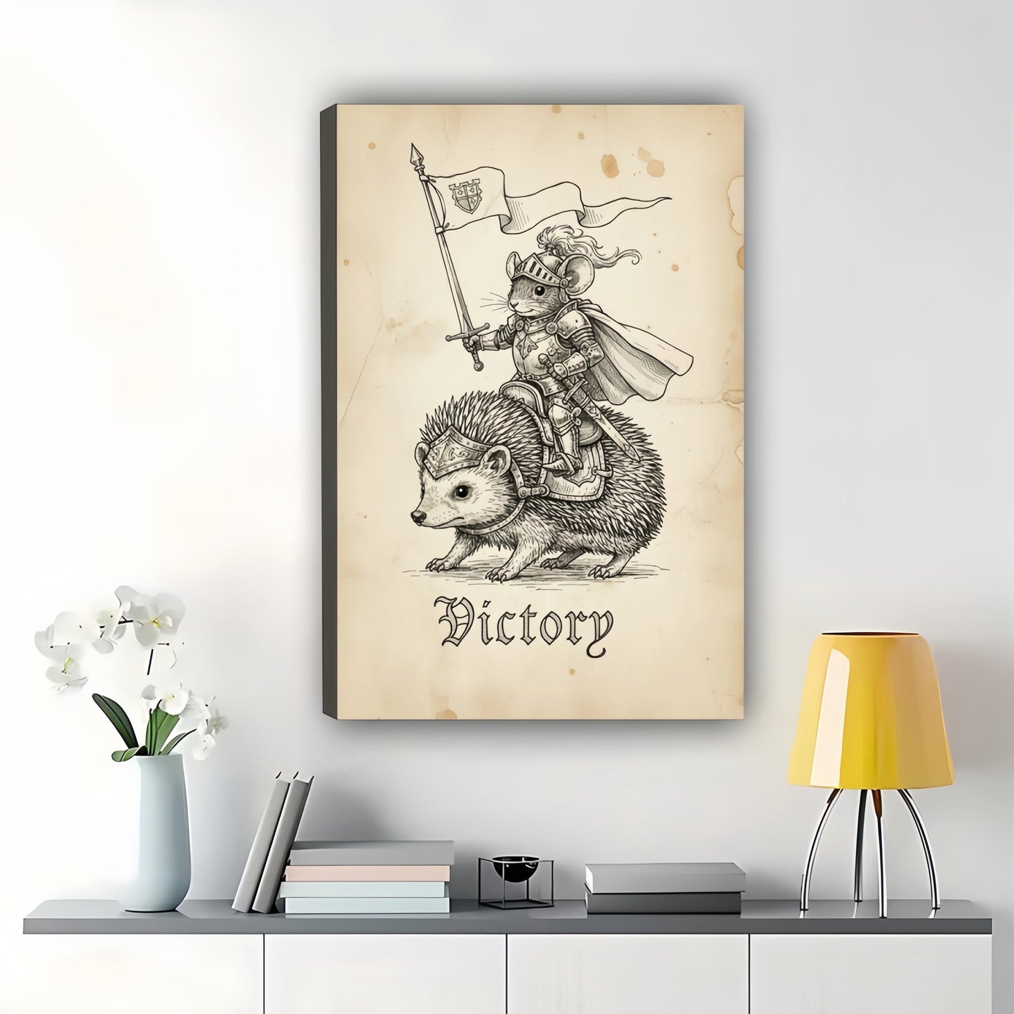 The Hedgehog Knight “Victory” – Vintage Inspirational Sketch Wall Art on Natural Wood Canvas