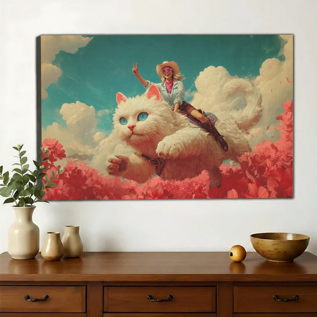 Cowgirl Riding Giant Fluffy Cat Wall Art – Whimsical Surreal Cat Canvas Print on Natural Wood Frame