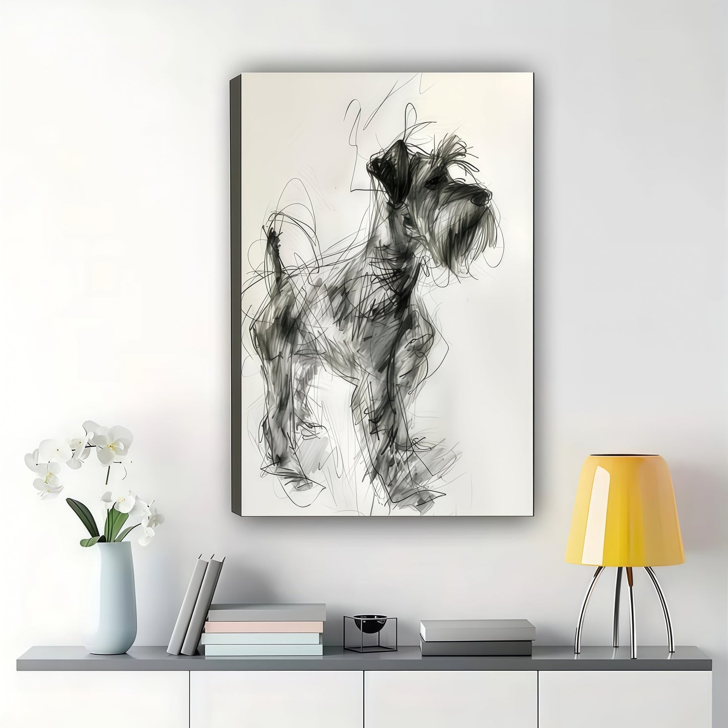 Sketch Style Schnauzer – Hand Drawn Dog Wall Art on Natural Wood Canvas