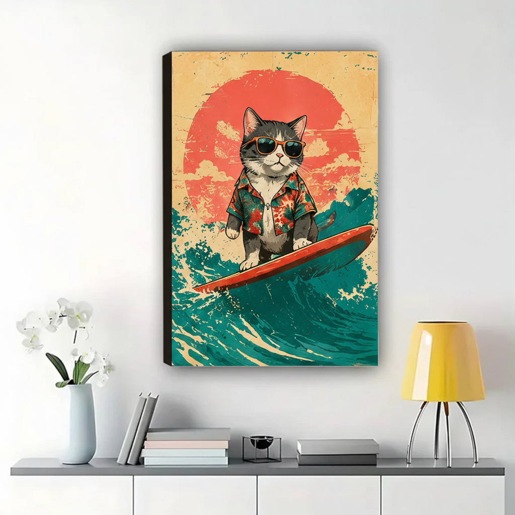 Surfing Cat Wall Art – Retro Vintage Cat Canvas Print on Natural Wood Frame