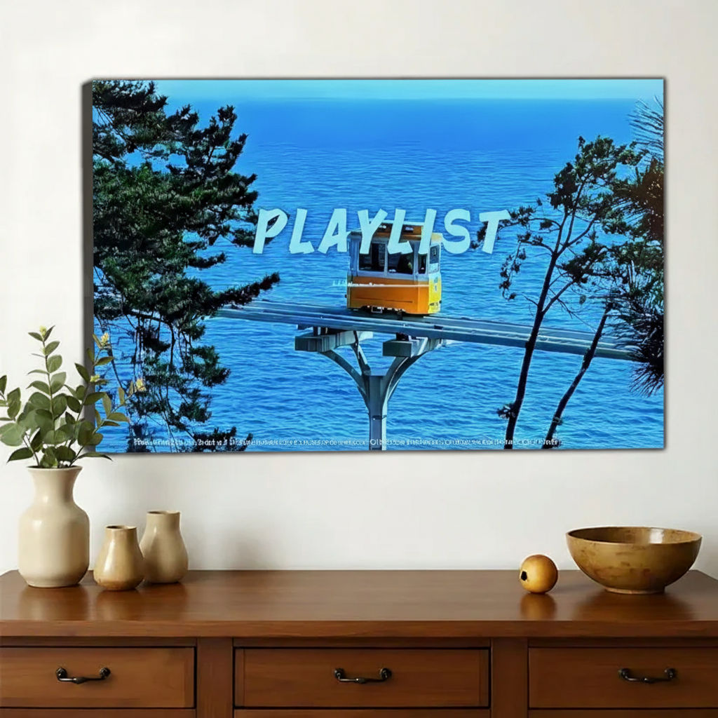 Coastal Cable Car Playlist Wall Art – Retro Y2K Travel Photo Canvas Print on Natural Wood Frame