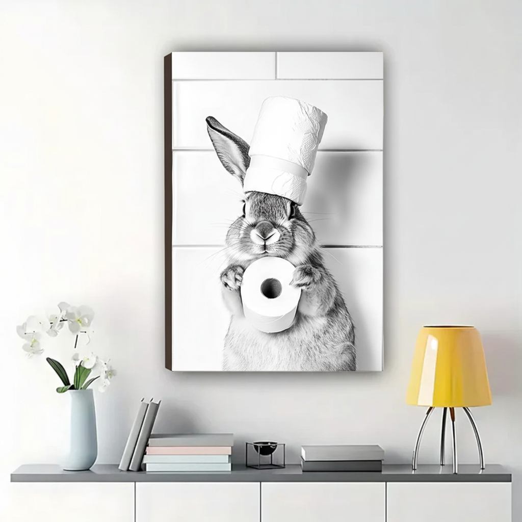 Chef Hat Bunny with Toilet Paper Wall Art – Funny Black & White Bathroom Canvas Print on Natural Wood Frame