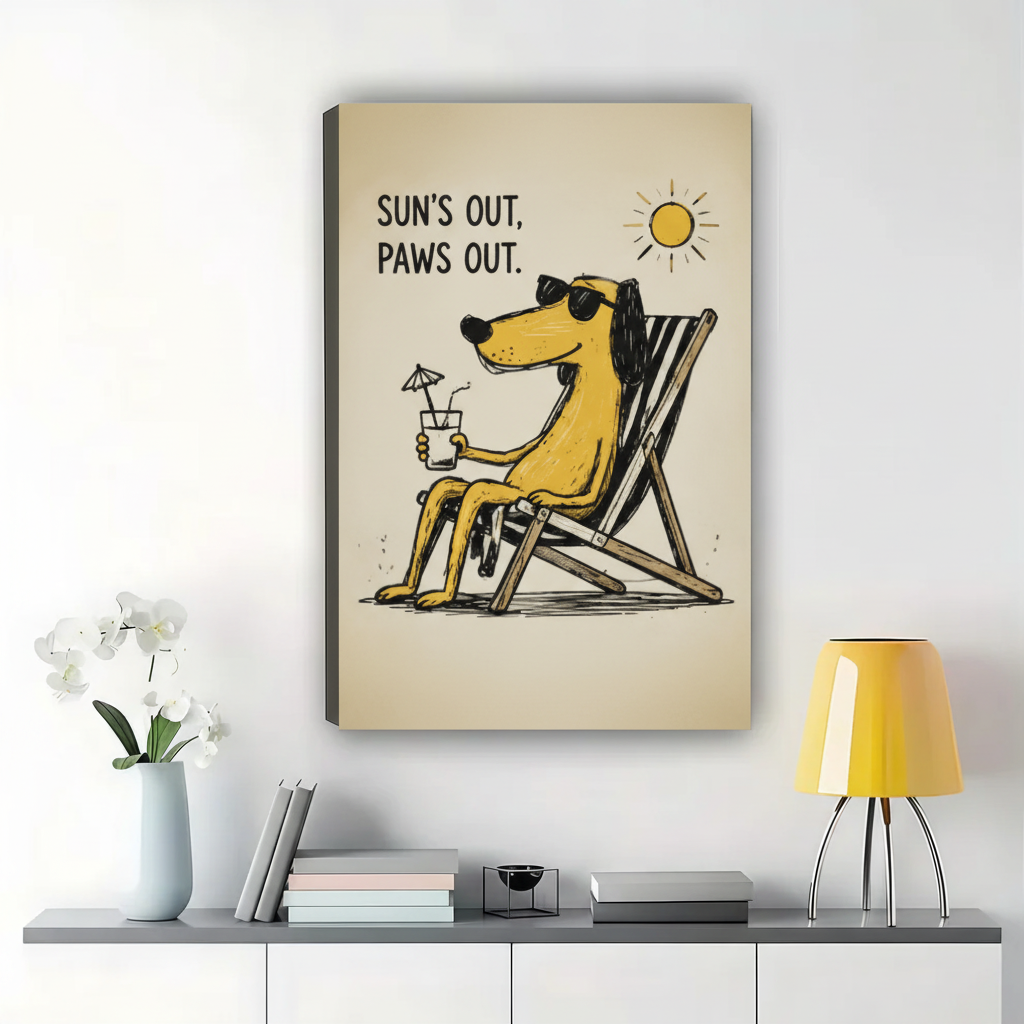 Sun's Out Paws Out Dog Wall Art – Funny Retro Dog Canvas Print on Natural Wood Frame