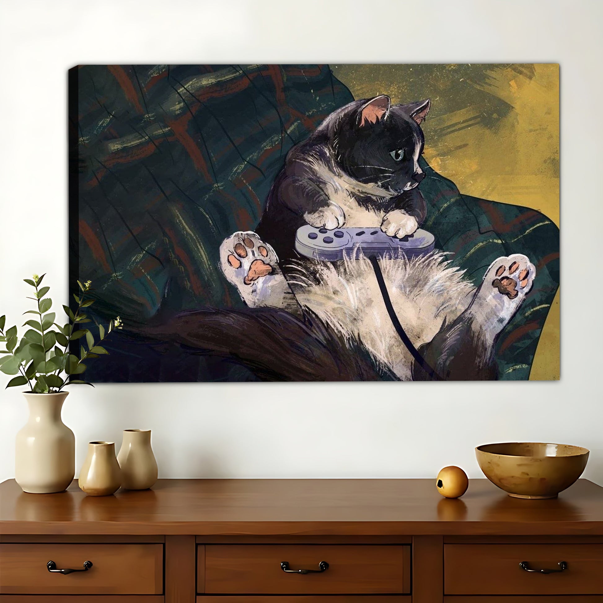 Gamer Black & White Cat – Humorous Video Game Wall Art on Natural Wood Canvas