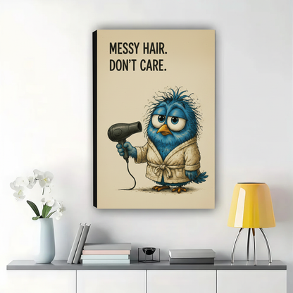 Messy Hair Don't Care Blue Bird Wall Art – Funny Bathroom Bird Canvas Print on Natural Wood Frame