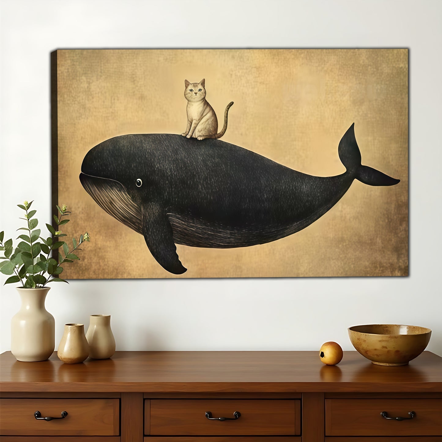 The Minimalist Floating Black Whale – Calm Modern Wall Art on Natural Wood Canvas