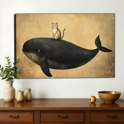 The Minimalist Floating Black Whale – Calm Modern Wall Art on Natural Wood Canvas