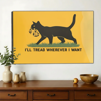 I’ll Tread Wherever I Want Black Cat with Shoe – Retro Vintage Wall Art on Natural Wood Canvas