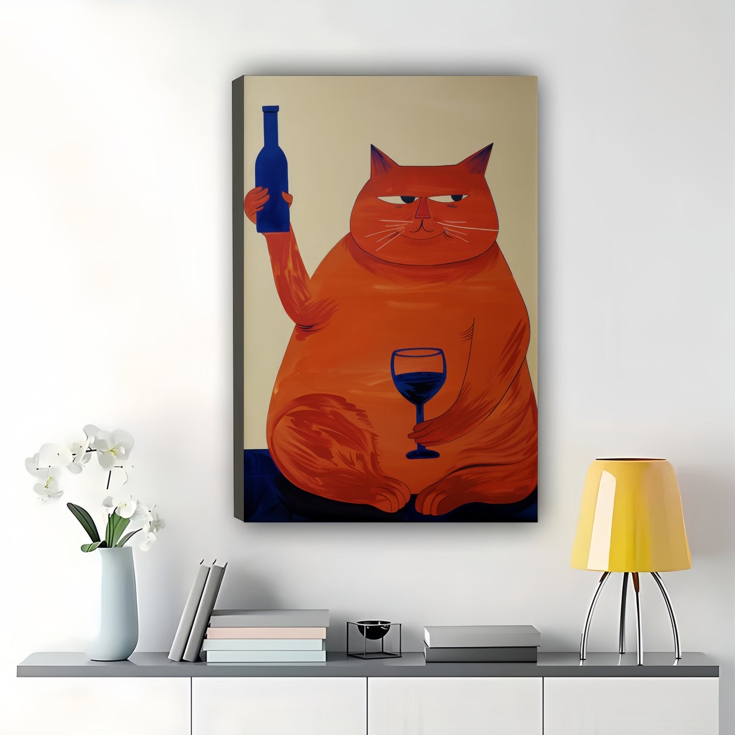 Retro Orange Cat with Wine Glass – Whimsical Culinary Wall Art on Natural Wood Canvas