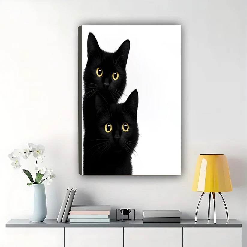 Stacked Black Cats – Minimalist Monochrome Wall Art on Natural Wood Canvas
