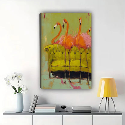 Flamingos on Green Sofa Wall Art – Quirky Abstract Bird Canvas Print on Natural Wood Frame