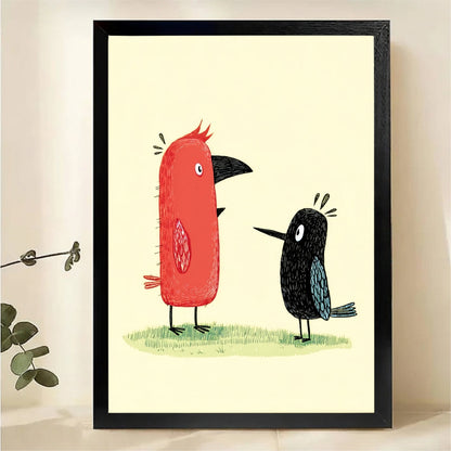 Two Birds Wall Art - Whimsical Red and Black Print