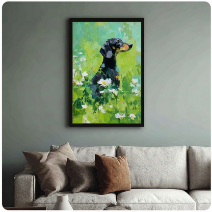 Dachshund Daisy Field Impressionist Canvas Wall Art