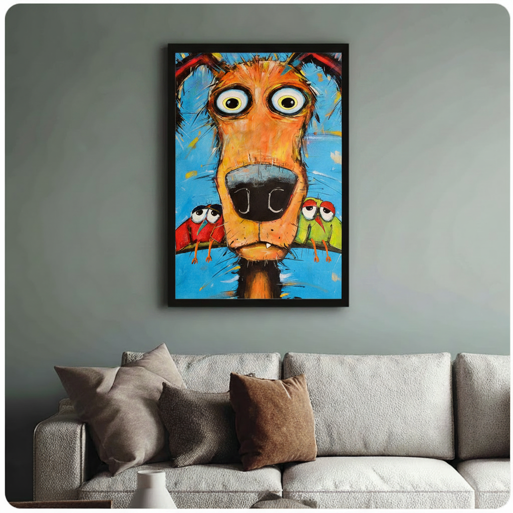 Goofy Dog with Parrots Impasto Canvas Wall Art