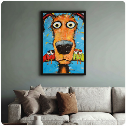 Goofy Dog with Parrots Impasto Canvas Wall Art