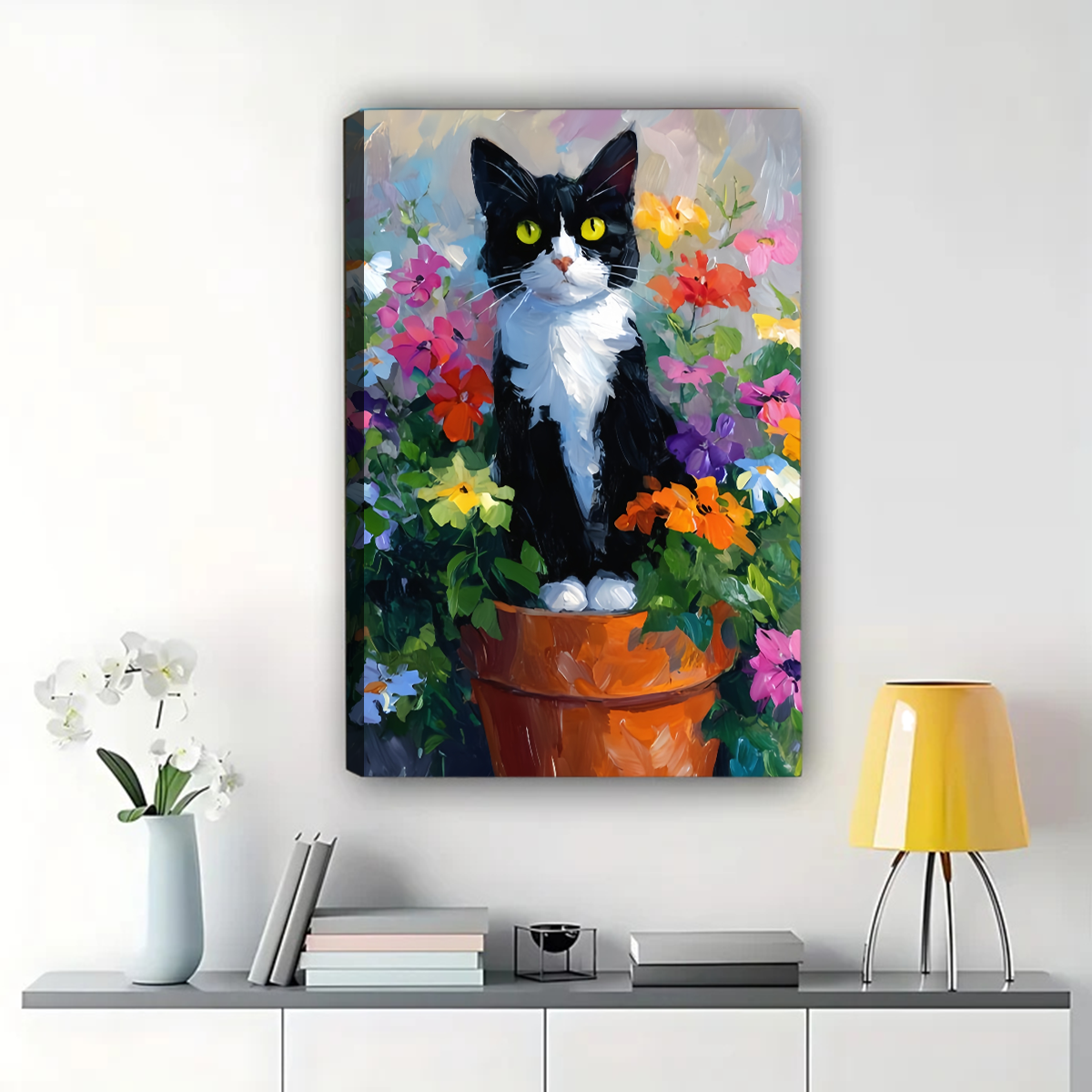 Tuxedo Cat in Flower Pot Canvas Wall Art - Colorful Garden Print