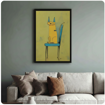 Yellow Cat Blue Chair Minimalist Canvas Wall Art