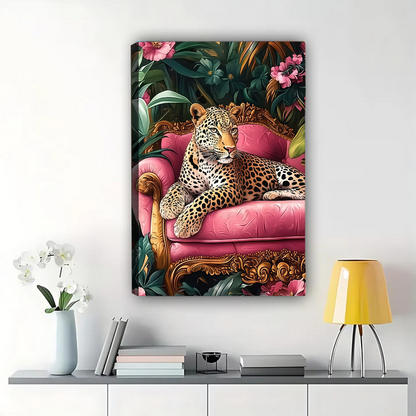 Leopard on Pink Velvet Sofa Canvas Print - Jungle Wall Art