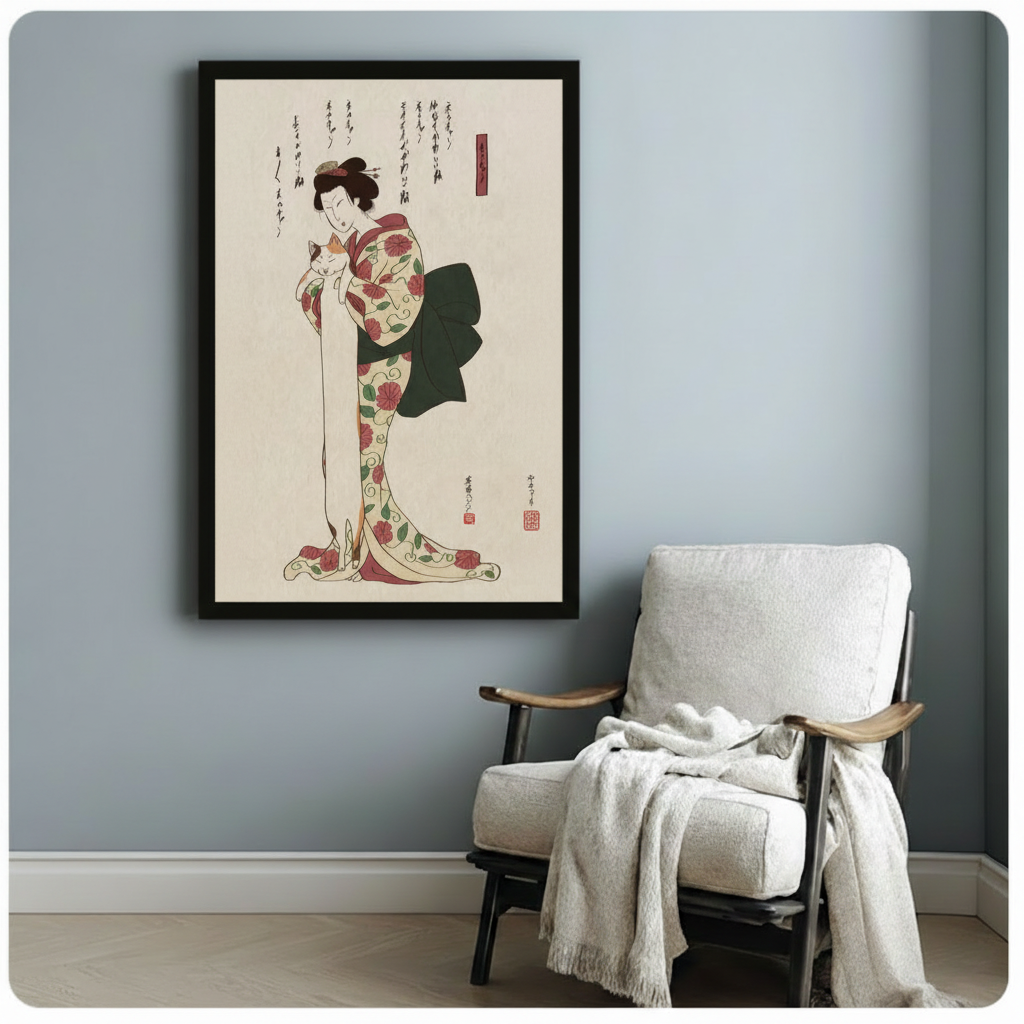 Japanese Ukiyo-e Woman Cat Canvas Art Wall Art