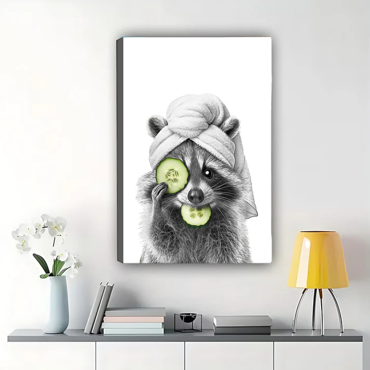 Raccoon Spa Day Wall Art - Funny Cucumber Mask Print