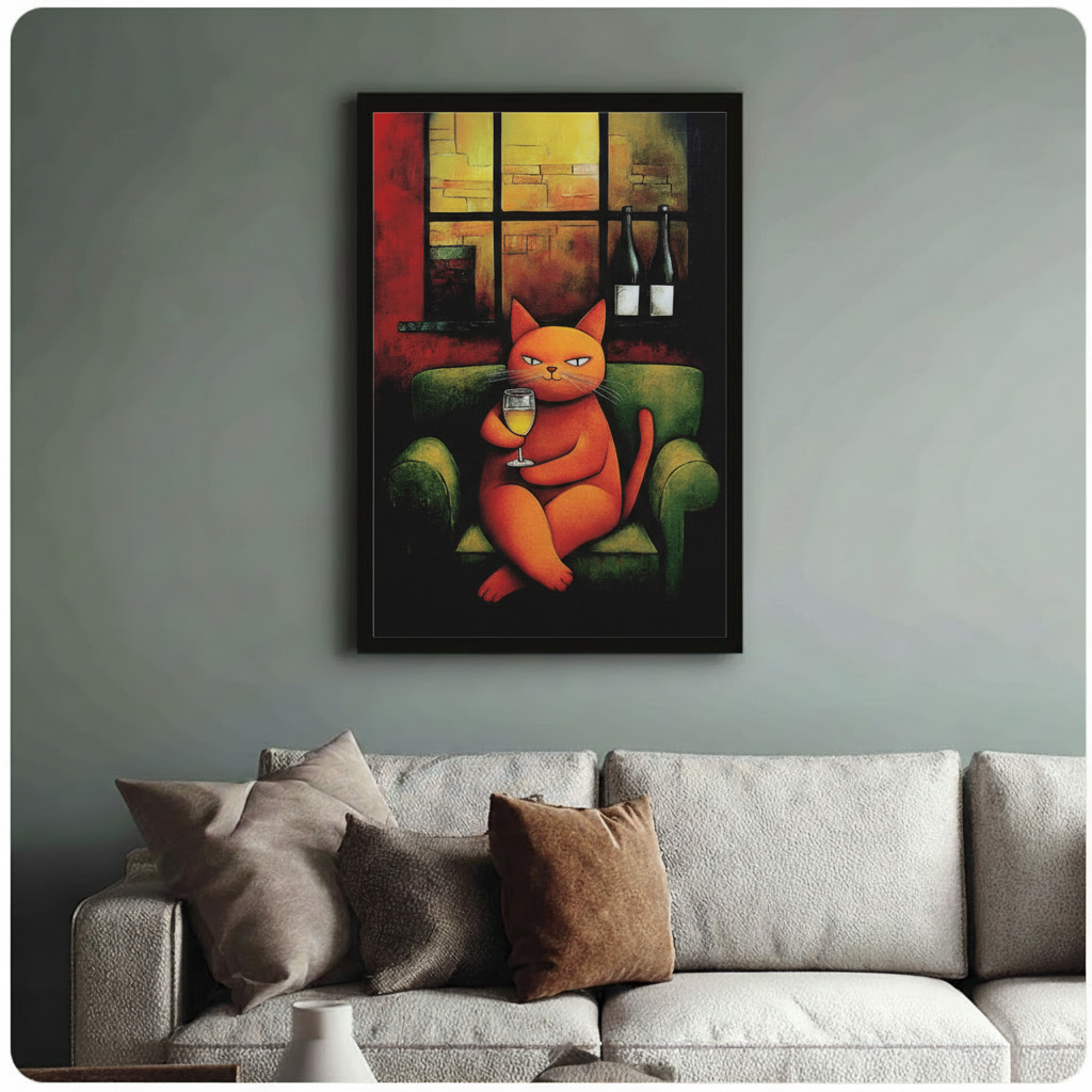 Orange Cat Wine Sofa Expressionist Bold Canvas Print