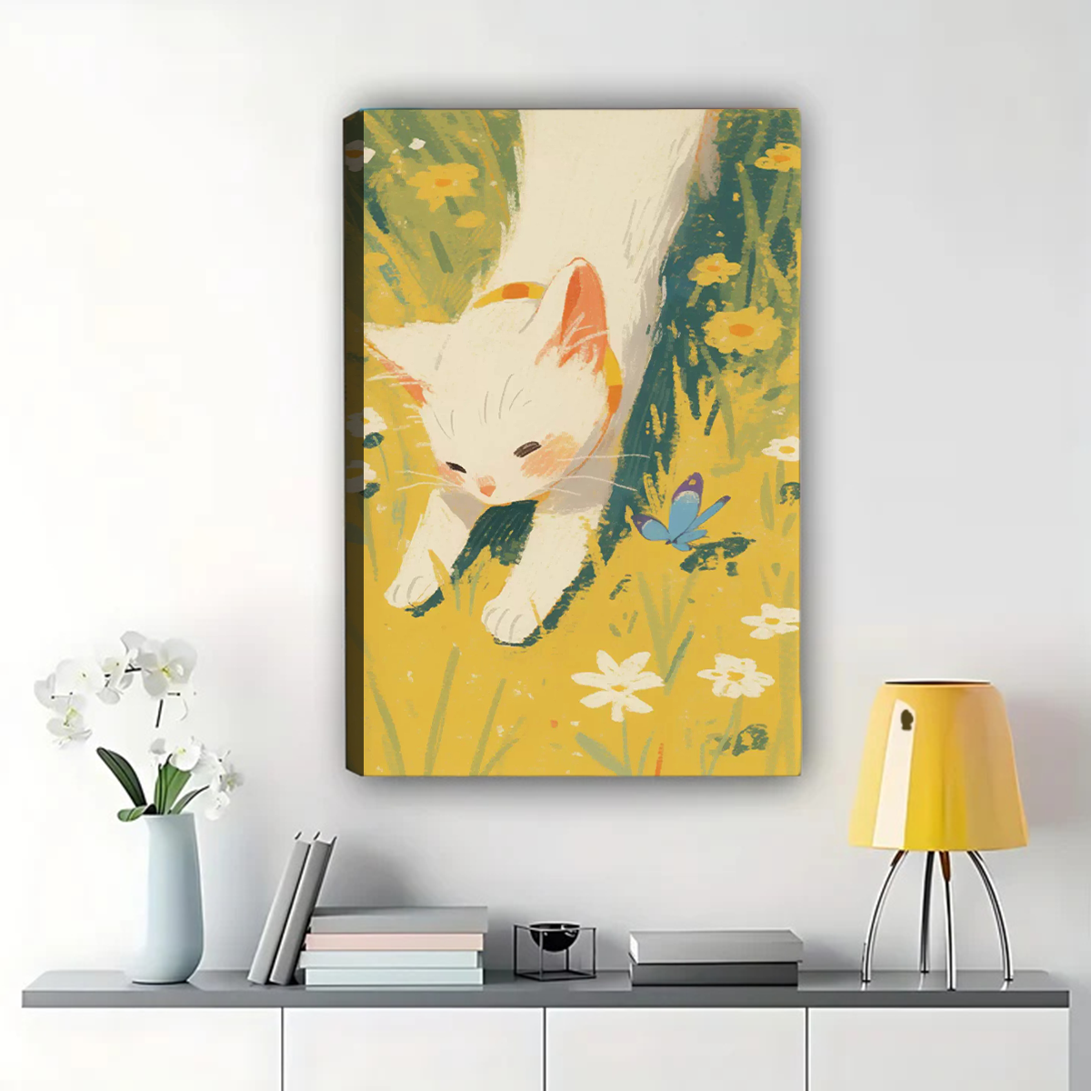 White Cat in Garden Wall Art - Impressionist Style Canvas Print