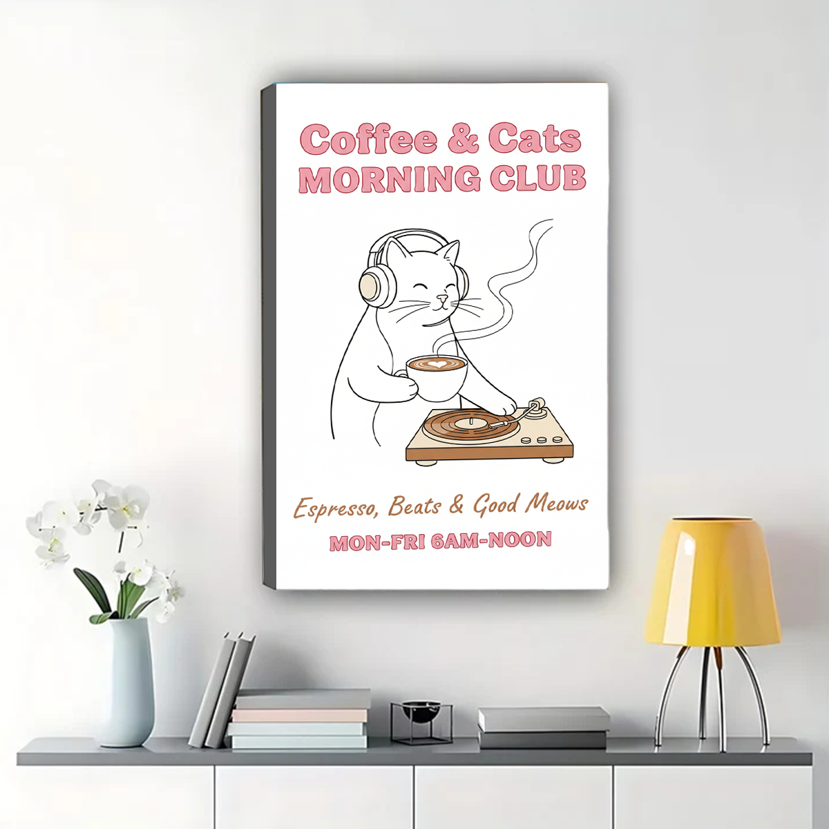 Coffee & Cats Morning Club Art Print - Music Lover Wall Decor Canvas Wall Art