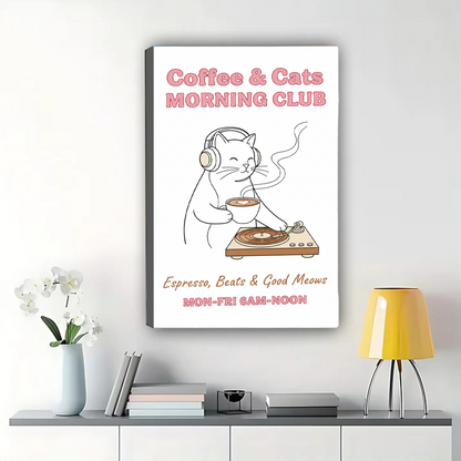 Coffee & Cats Morning Club Art Print - Music Lover Wall Decor Canvas Wall Art