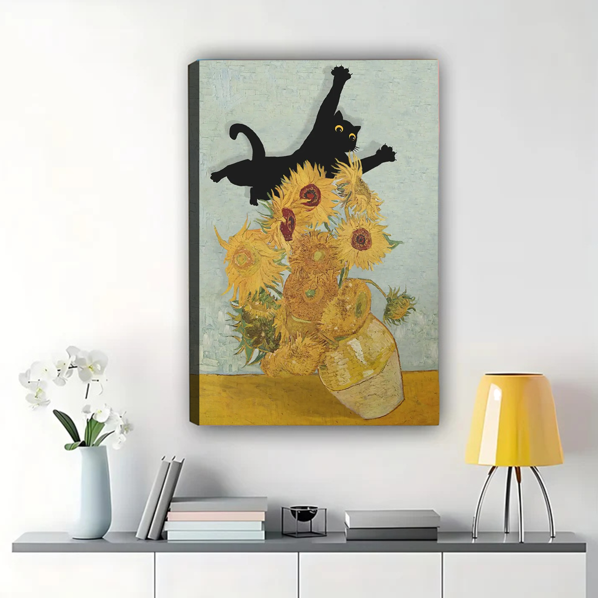 Playful Cat Knocking Over Sunflowers Canvas - Van Gogh Inspired Art