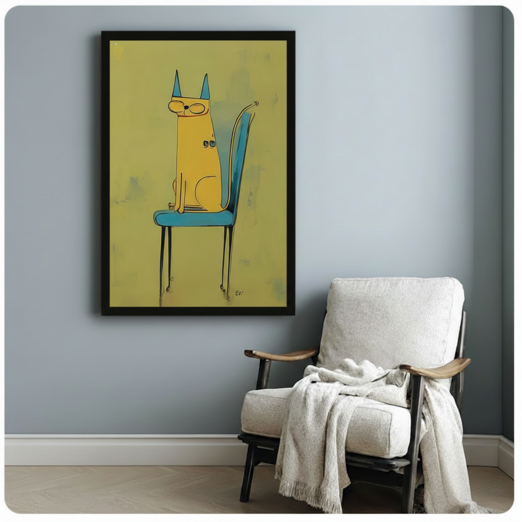 Yellow Cat Blue Chair Minimalist Canvas Wall Art