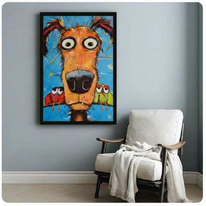 Goofy Dog with Parrots Impasto Canvas Wall Art