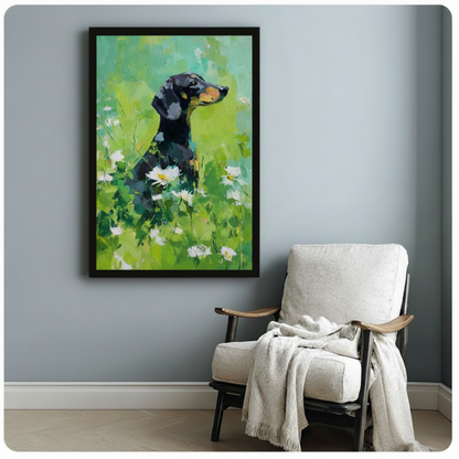 Dachshund Daisy Field Impressionist Canvas Wall Art