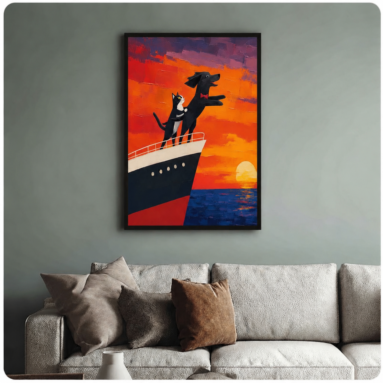 Cat Dog Titanic Sunset Romantic Canvas Wall Art
