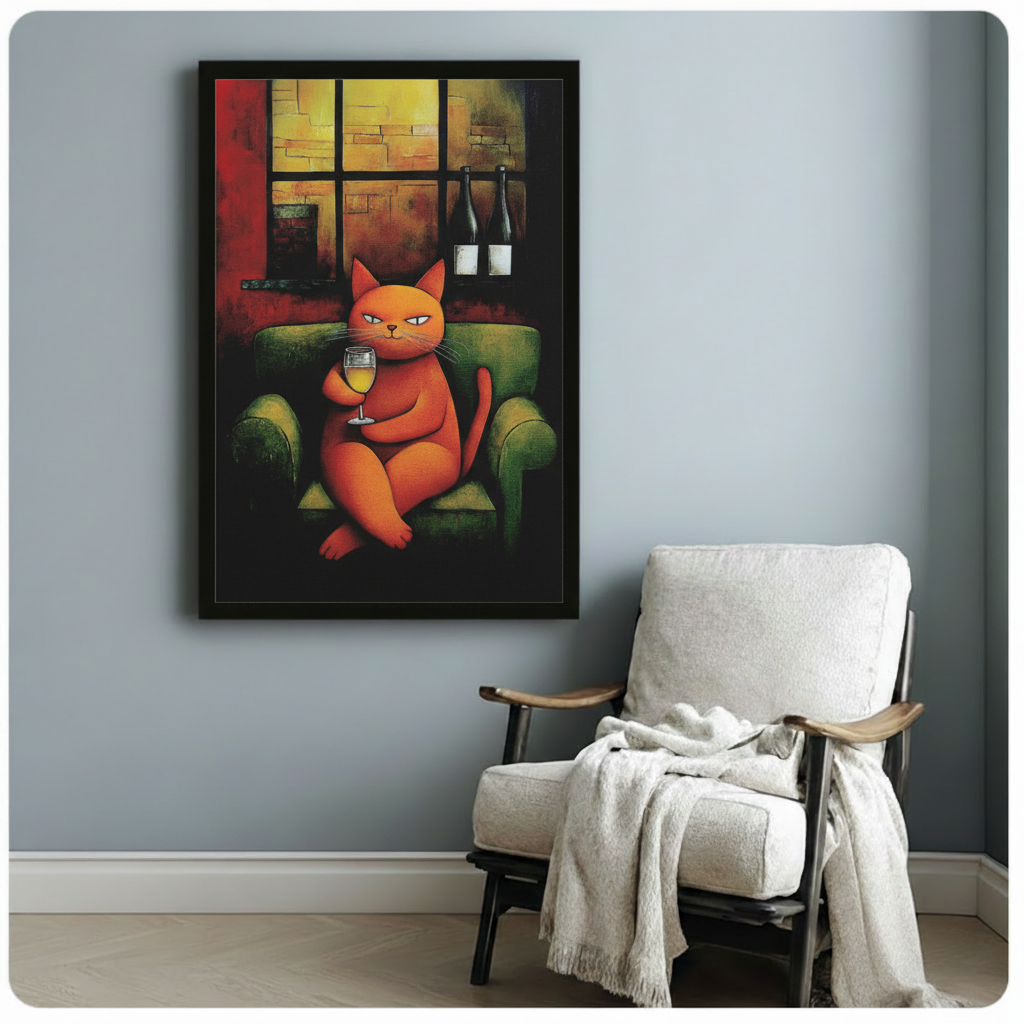 Orange Cat Wine Sofa Expressionist Bold Canvas Print