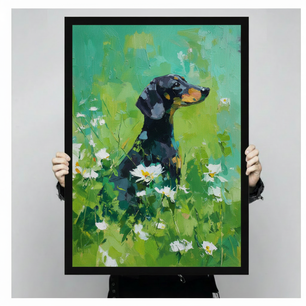 Dachshund Daisy Field Impressionist Canvas Wall Art