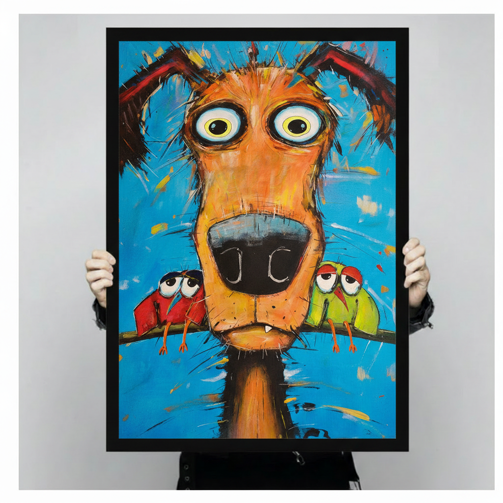 Goofy Dog with Parrots Impasto Canvas Wall Art
