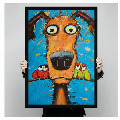 Goofy Dog with Parrots Impasto Canvas Wall Art