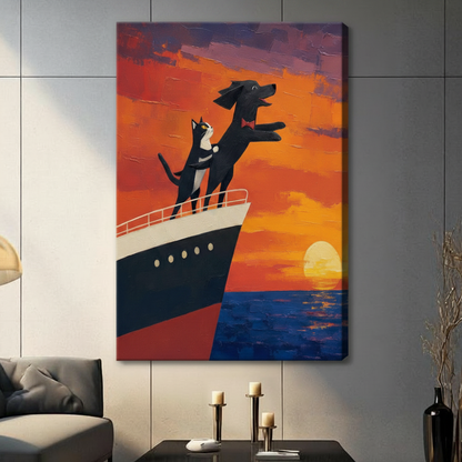 Cat Dog Titanic Sunset Romantic Canvas Wall Art
